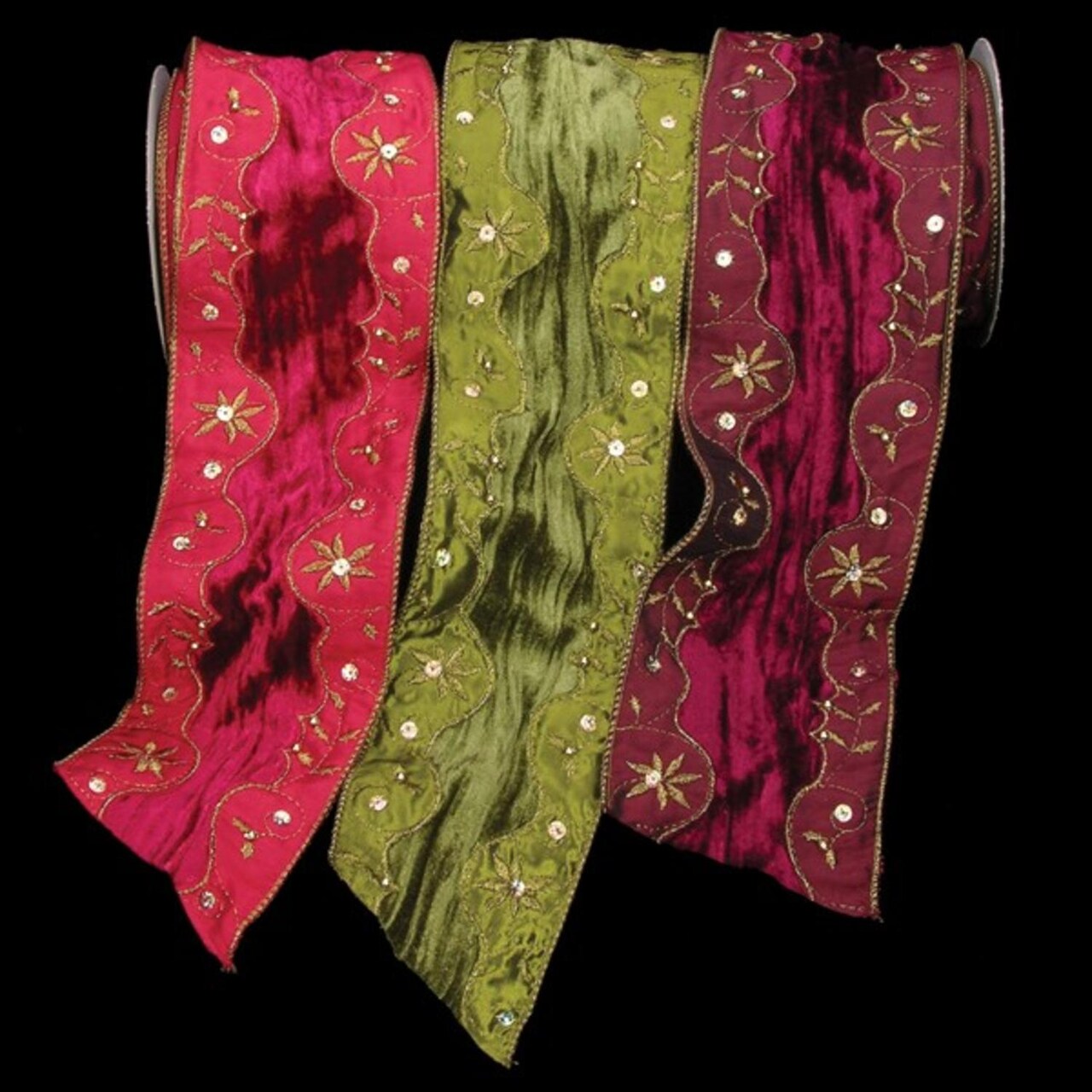 The Ribbon People Green Velvet Darjeeling with Diamonds Wired Craft Ribbon 4" x 10 Yards